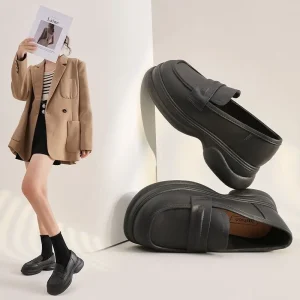 Puffin Thick Bottom Loafers for Women Spring New Style British Soft Black Leather Slip On Shoes for Autumn