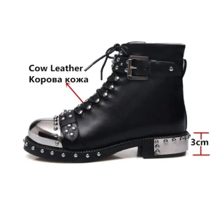 Punk Genuine Leather Boots for Women Rivet Square Heels Autumn and Winter Ankle Boots Motorcycle