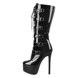 Punk Gothic Women’s Knee High Boots Black Patent Leather Multi Buckle Strap Lace up Platform Stiletto Sexy Nightclub Party Boots