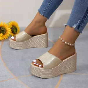 QF1 Women’s Platform Sandals Summer Flip Flops Outdoor Round Toe Glitter Flip Flop Slippers 703