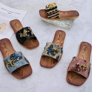 Quick Drying Women’s Toe Girl Flat Sandals Lightweight Outdoor Slippers Breathable Printed Rubber PVC Slide Slipper Mules