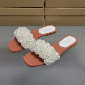 QuiteS Summer New Za Women’s Shoes Square Head Open Toe Pearl Flip Flops Women Casual Flat Sandals