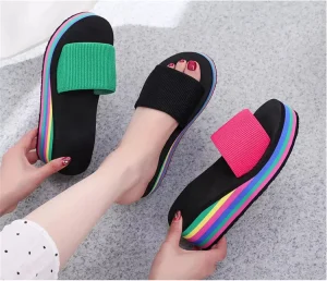 Rainbow Wedge Casual Flip Flop with Buckle Soft Anti-slip Outdoor Women’s Platform Sandals Beach Slides Slippers