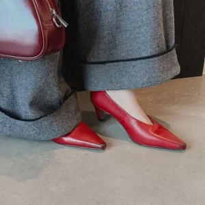 Real Leather Women’s Shoes Autumn Vintage Square Toe Dress Office Lady Shallow Mid Heels Pumps 40 Red