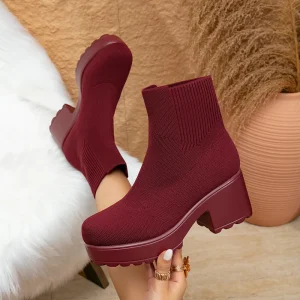 Red Elegant Versatile Women’s Short Boots Spring and Autumn Fashion Knitted Skinny Women’s Boots Multiple Colors Available