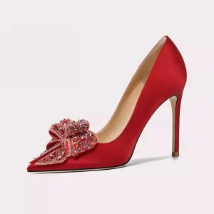 Red Satin Luster Texture Wedding Shoes Women’s Satin Pointed Toe Crystal Bow Evening Bridal Pumps