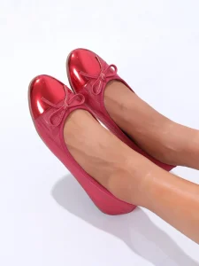 Red Shimmer PU Leather Ballerina Flats Patent Toe Cap Bow Design Comfortable Daily Wear Shoes