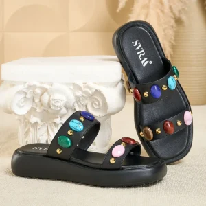 Resort Style Colorful Gemstone Women’s Summer Outdoor TPU Outsole Antibacterial Soft Soled Non Slip Open Toe Slide Sandals