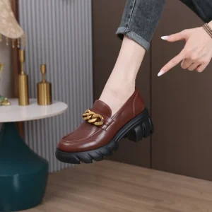 Retro British Chain Decoration Sheepskin Upper Women’s Cowhide Slip-On Loafers Cushioning Soft Comfortable Rubber Sole