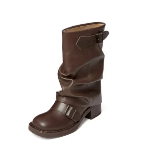 Retro Brown and Black Winter Women’s Boots Block Heel Knight Ladies PU Motorcycle Boots Shoes
