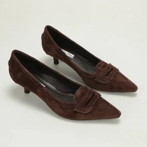 Retro Commute Suede Pointed Toe Penny Strap Kitten Heel Loafer Pumps Preppy Mature Daily Versatile Shoes