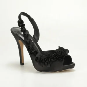 Retro Evening Black Satin 3D Rose Peep-Toe Slingback Stiletto Platform Sandals Romantic Party Glamorous Elegant Shoes