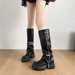 Retro Fashion Knight Boot with Chunky Heel and Thick Bottom High Canister Western Cowboy Boot Winter Knee Belt Buckle