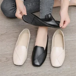 Retro Lazy Slip-On Square Toe Loafers Solid Women’s Spring Breathable Trendy Flat All-match Work Shoes PU/Rubber Box