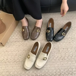 Retro Solid Pattern Black Loafers for Women Round Toe Small Leather Shoes Soft Sole Chunky Heel Slip-On Women’s Shoes