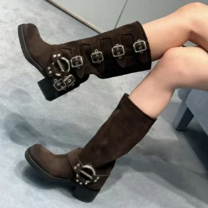 Retro Suede Leather Western Cowboy Women’s Boots Coarse Thick Heel Knee High Boot Knight Ladies Boots for Summer Winter