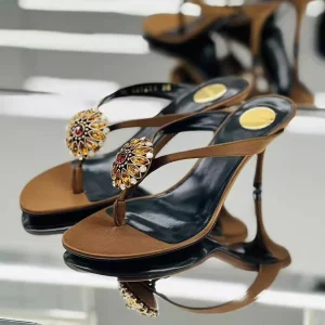 Rhinestone Flower High Heels European American Head Silk Satin Summer Casual Retro Women’s Shoes Fashion New Flip Flop