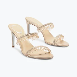Rhinestone High Heeled Sandal Mule for Women Crystal Strappy Slip on Round Toe Stilettos Heels Sandal Party Dress Slippers