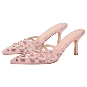 Rhinestone Pointed Toe Ladies Mule Shoes with Heels Women’s Sandals Stiletto Slide Dress Shoes