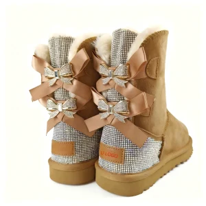 Rhinestone Snow Boots Factory New Fashion Girls Customized Logo Diamond Shinning Warm Winter Women’s Medium With Bow