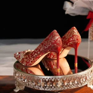 Rhinestone Stiletto Heel Satin Gold-Edged High Heel Wedding Shoes Bridal Bridesmaid Shoes Red Festive