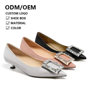 Rhinestones Ladies Pointed Toe Shoes Low Heel Party Dress Shoes Genuine Leather Women’s Pumps