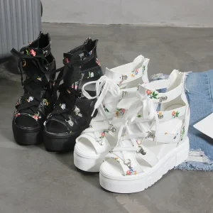 Roman Style Round Toe High Platform Chunky High Heels Women Wedge Sandals with Back Zippers