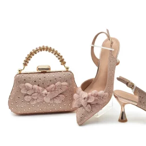 Rose Gold Ladies Shoes With Stones Flower Italian Shoes and Bags Sets Fashion to Match
