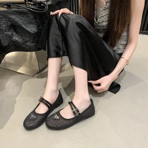 Round Toe Rhinestone Mesh Mary Jane Flats Double Strap Breathable Shoes for Ladies Summer Daily Casual Wear