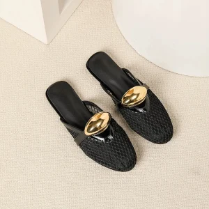 Round Toe Shallow Mouth Women’s Mules Flat Shoes Closed Toe Slipper with Gold Buckle Strap