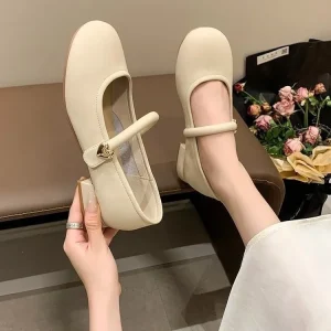 Round toe Shallow cut Vintage Versatile Women’s Slip on PU Upper Adjustable Strap Buckle Mary Jane Flats Pair Well Skirts