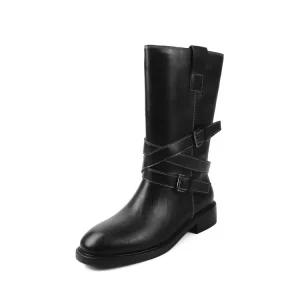 Rounded Toe Double Cross Buckle Straps Low Chunky Block Heel Boots
