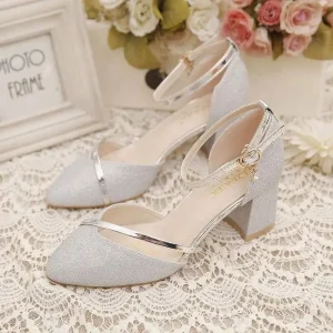 Ruizi Wedding Bridal Party Office Dress Ankle Strap Pointed Toe Low Chunky Heels Pump Shoes for Women