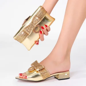 S 38 43 New Women’s Shoe Bag Set Flat Plus Slippers Flat Heel Diamond Clutch