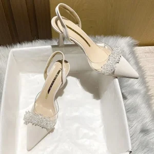 SF2377F Transparent Pointed Toe Stiletto Closed Toe White Women’s Wedding Shoes