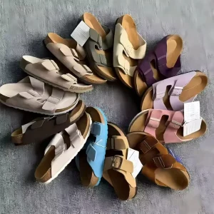 Sandal Fashionable Double-Button Retro Flat Beach Cork Sandals Genuine Leather High-Quality Berken Slippers