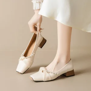 Sandale Plat Women’s Fashion Square Toe Block Heel 2.5CM Pearl Party Rhinestone Strap Satin Work Office Shoes