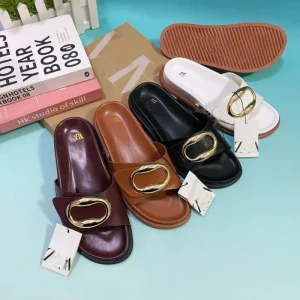 Sandales Femme Plat Z New Thick Bottom Women’s Shoes One Strap Buckle Metal Open Toe Fashion Sandals Slippers Female