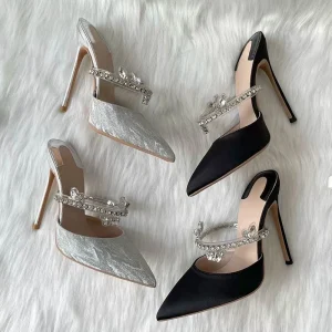 Satin Pointed Toe High Heel Mules Women’s Crystal Rhinestone Strap Sandals Party Wedding Shoes