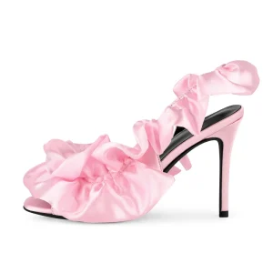 Satin Ruffle Heeled Sandals Ankle Strap Stiletto Party Evening Shoes