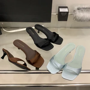 Satin Women Kitten Heels Open Square Toe Slip On Low High Heels Backless Mule Sandals Dress Shoes for Party Daily