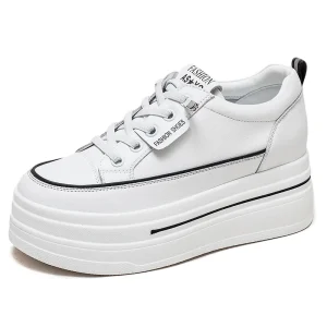 Selected Women’s Genuine Leather Casual Shoes 9CM Ultra High Heel Invisible Heightening White Sneakers Thick Sole Walking Style