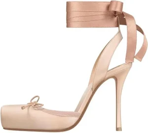 Sexy Ankle Strap Closed Square Toe Thin High Ladies Heels Pink Satin Women’s Footwear Pumps Shoes
