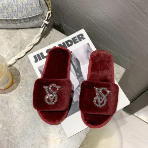 Sexy Bright Diamond Plush Warm Slippers for Women’s Autumn and Winter Indoor Home Anti Slip One Piece Cotton Slippers