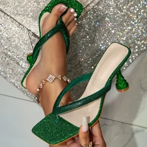 Sexy Fashion Rhinestone Plated Glass High Heels Ladies Sandals Square Toe Women Slide Slippers