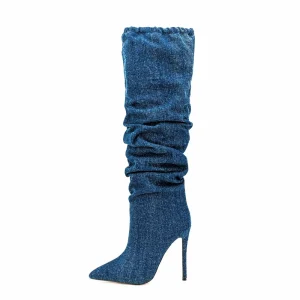Sexy High Heel Women’s Denim Knee High Boots Autumn Winter Pointed Toe Arch Support Anti Slippery