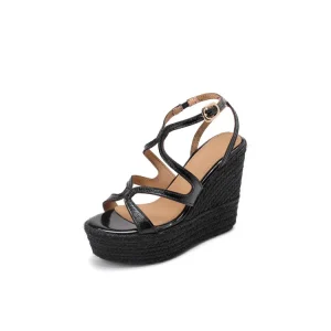 Sexy New Fashionable Summer European American Women’s Platform Wedge Heels Height Increasing Genuine Leather Buckle Cross Strap