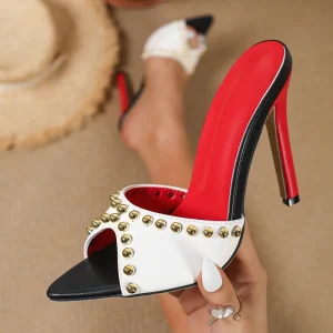 Sexy Pointed Toe High Heel Mules for Women Luxury Gold Studded Slides Elegant Red Insole Stiletto Party Sandals