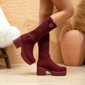Sexy Red Spring and Autumn Versatile Women’s Mid Top Boots Knitted to Look Thin Ladies’ High Heels Long Boots