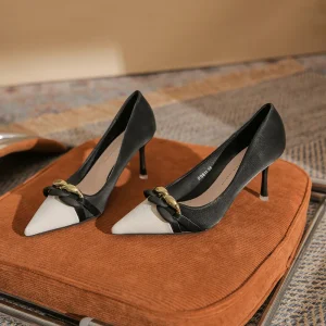 Sexy Slip On Ultra High Heel Narrow Thin Heel Buckle Decoration Color Block Pointed Toe Women’s Single Shoes
